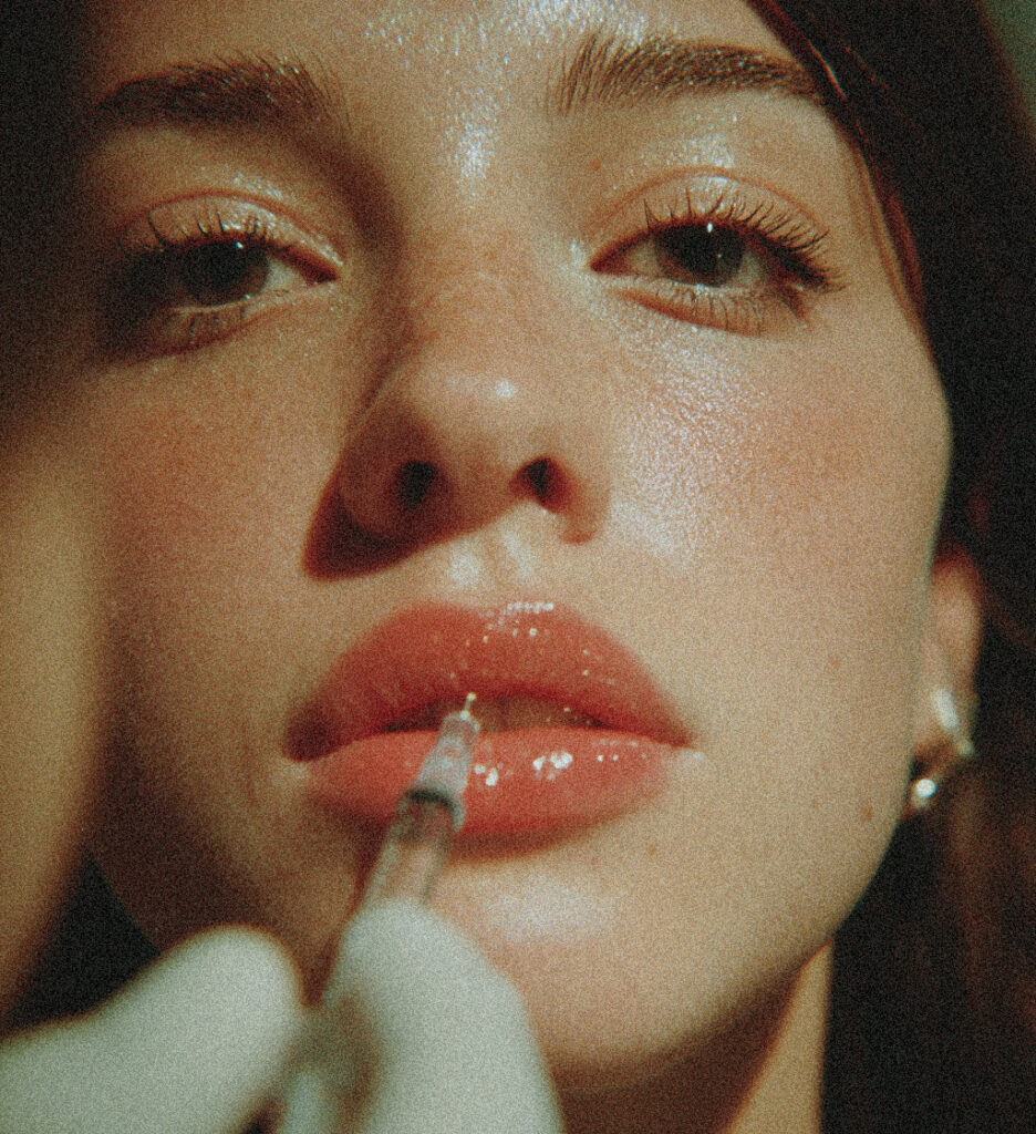 Femme recevant une injection de fillers à la clinique Elxyr, acide hyaluronique, Botox, PRP pour des lèvres pulpeuses.