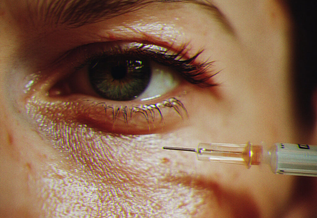 Injection d'agent de comblement (filler) près de l'œil à la Clinique Elxyr, utilisant PRP et acide hyaluronique pour des résultats optimaux.